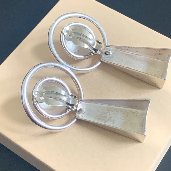 Silver Geometric Earrings Circa 1980's - Picture 4 of 11
